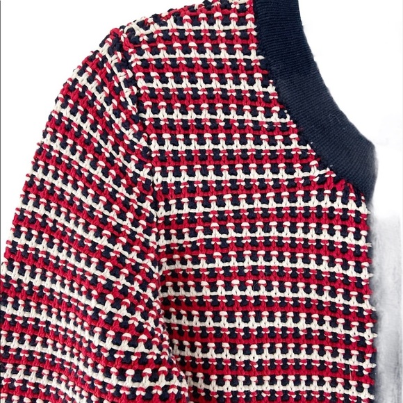 Talbots Blazer Style Cardigan Size M Petite Red, Blue and White Classic Chunky - Picture 3 of 11